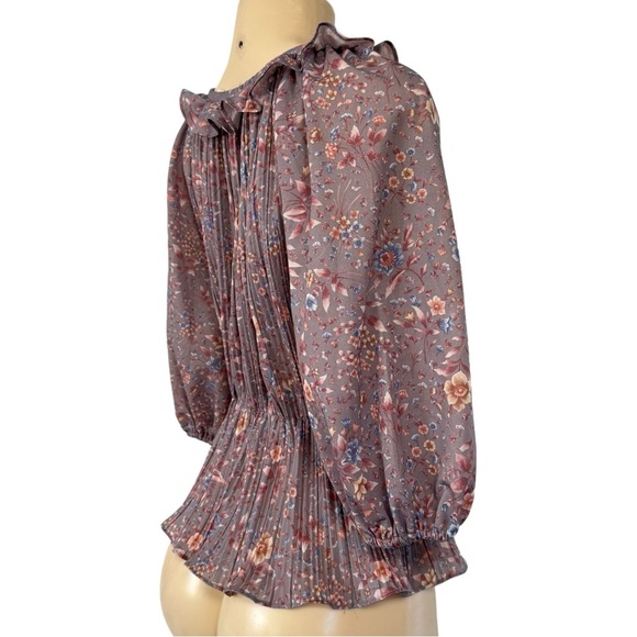 Vintage 70s Gray Floral Keyhole Ruffled Pleated Peplum Chiffon‎ USA Union Made - Picture 6 of 16